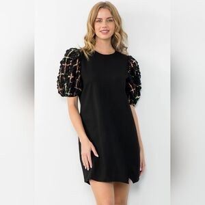 NWT THML Bubble Textured Sleeve Black and Gold Dress Size Medium​​